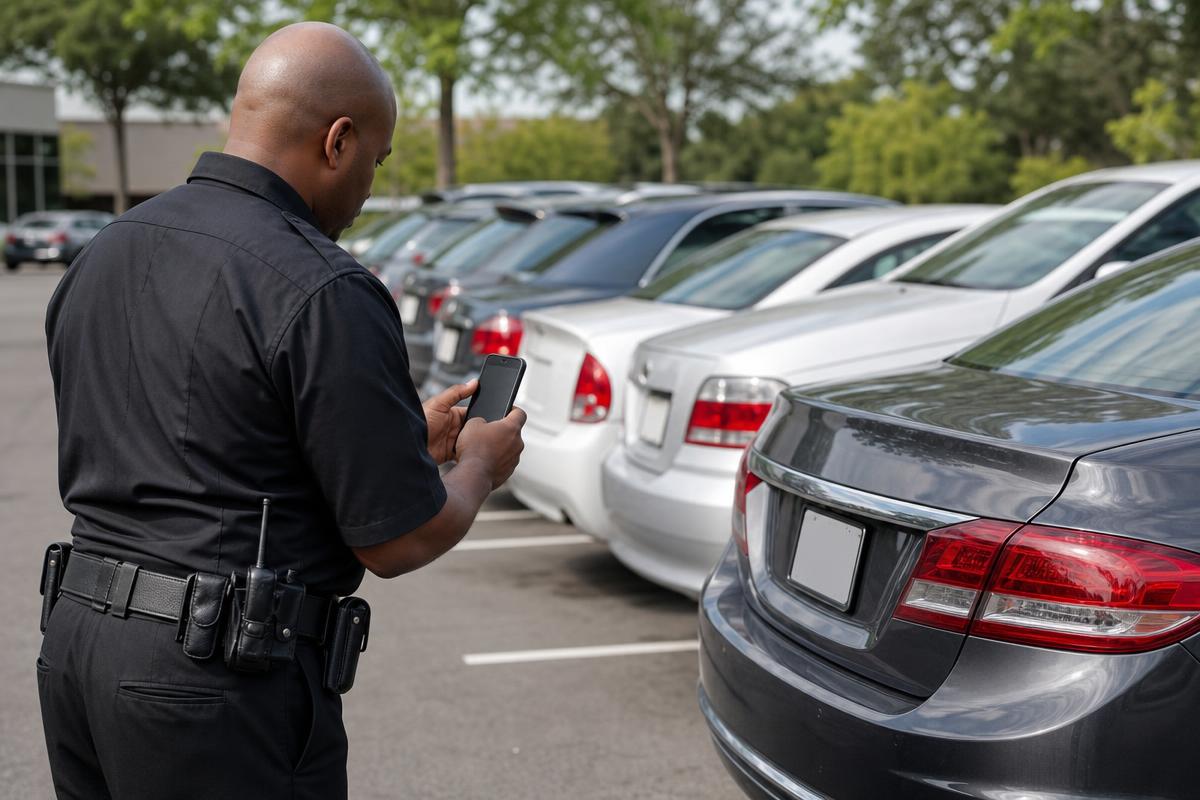 Enforcement officer scanning a license plate with a handheld mobile device
