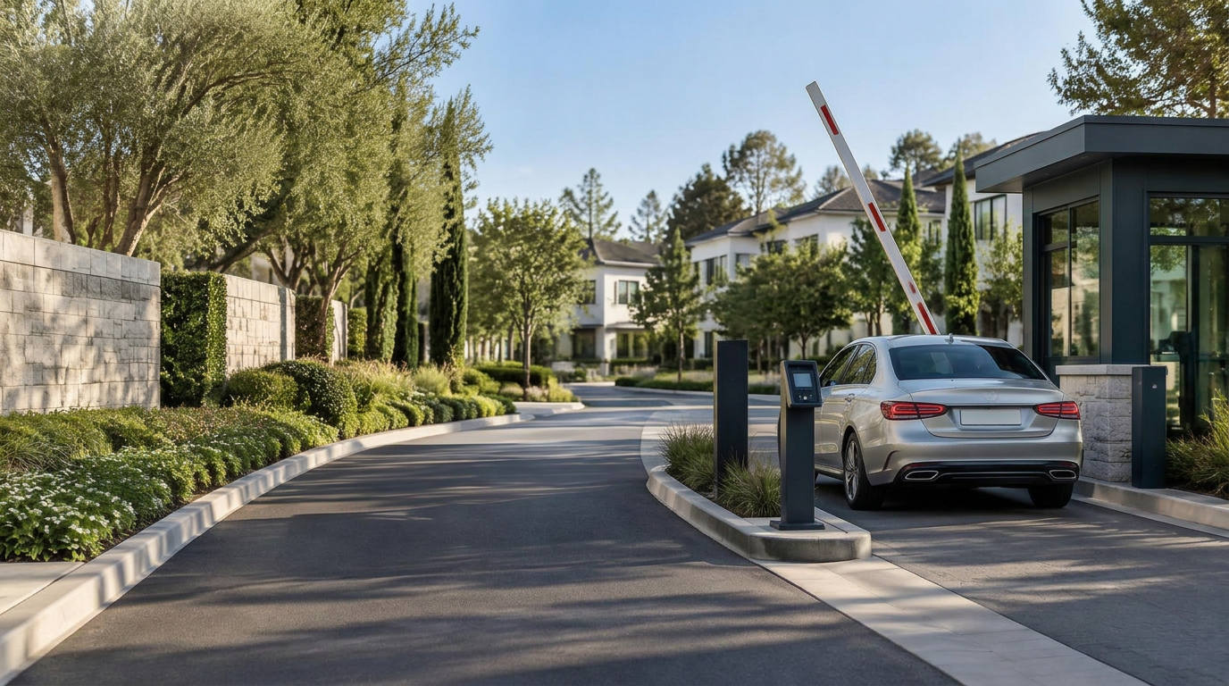 Illustrative LaneSentry community entrance with plate recognition camera and QR access reader
