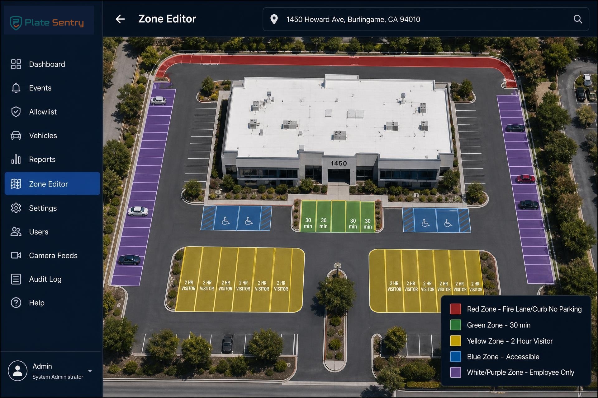 Satellite view of 1450 Market St with every parking space zoned: red fire lane, green 30-minute, yellow 2-hour visitor, blue accessible, and purple employee-only areas